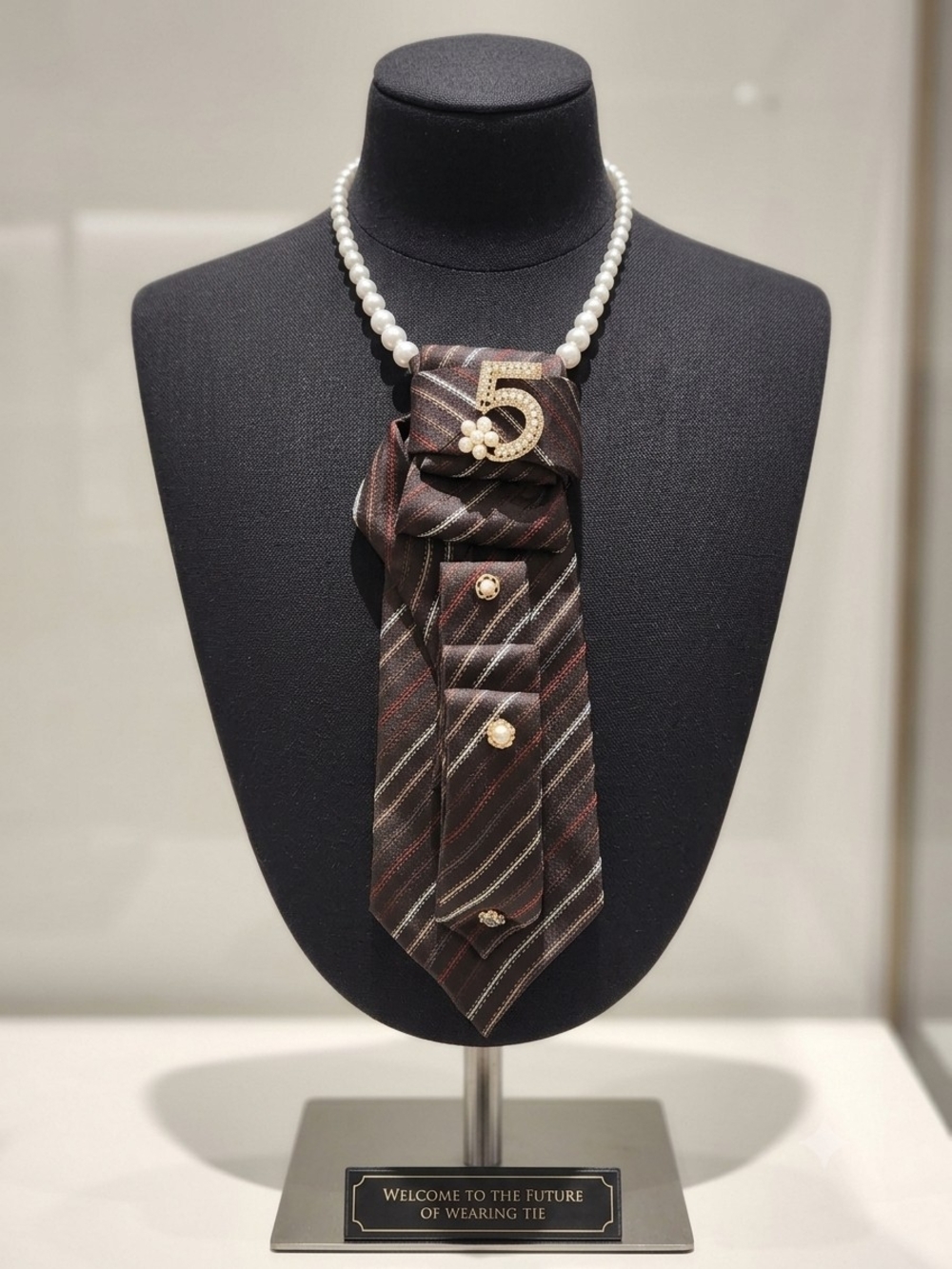 Pearl-Accent Brown Striped Statement Tie Necklace